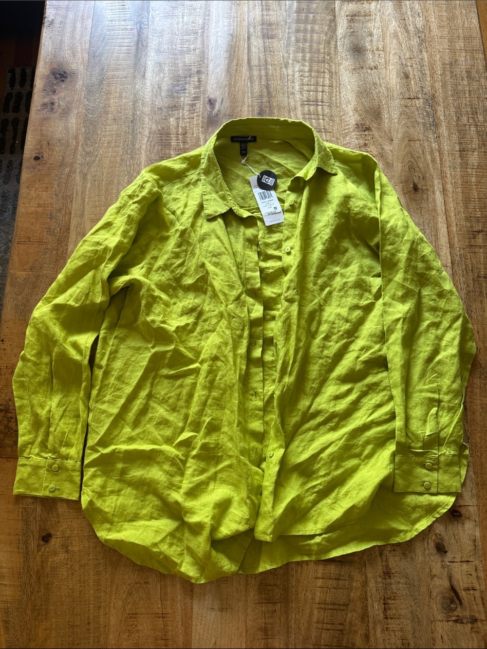 Eileen Fisher chartreuse Organic Handkerchief Linen Classic Collar Shirt NEW Lg